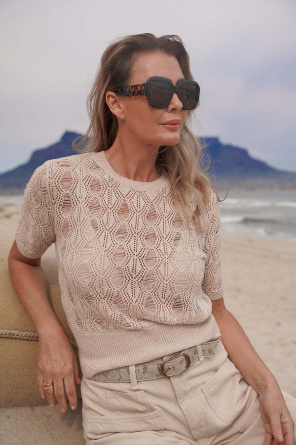 Cream Diamond Lace Knitted Tee
