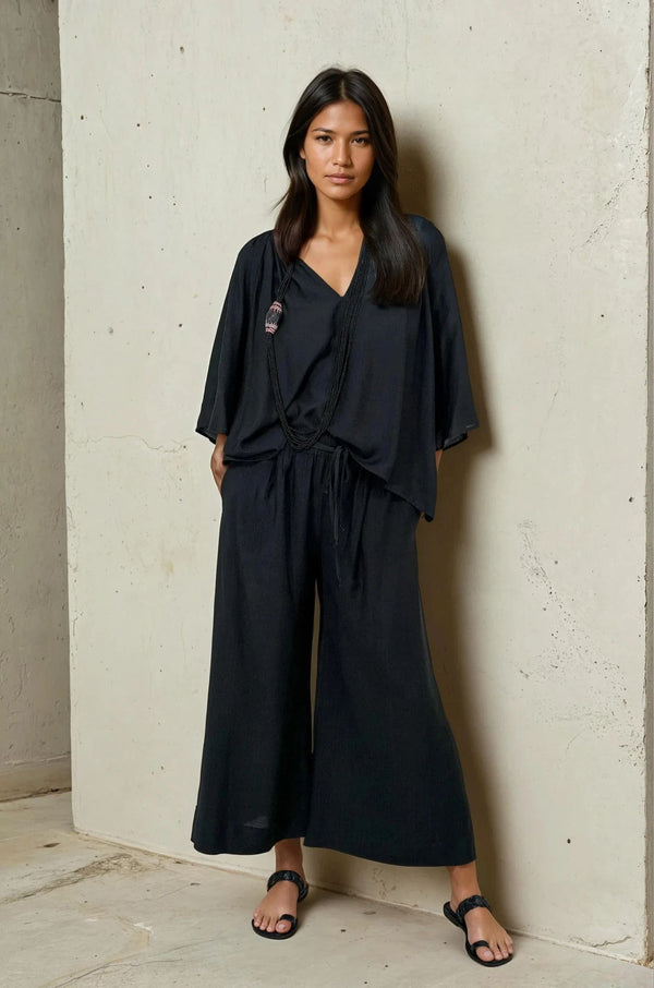 Black Cropped Pull On Pants