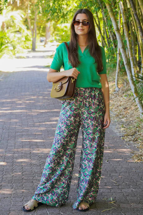 Green & Plum Flare Leg Pull on Pants